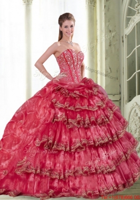 2015 Most Popular Coral Red Dress for Quinceanera with Pick Ups and Ruffled Layers