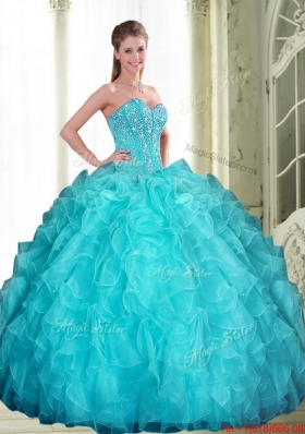 2015 Designer Beading and Ruffles Sweetheart Quinceanera Dresses in Aqua Blue