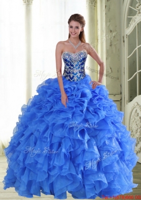 2015 Elegant Beading and Ruffles Strapless Sweet 15 Dresses in Blue