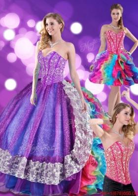 2015 Fashionable Beading and Ruffles Sweetheart Quinceanera Dresses in Multi Color