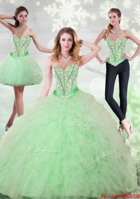 2015 Fashionable Beading and Ruffles Sweetheart Quinceanera Gown in Apple Green