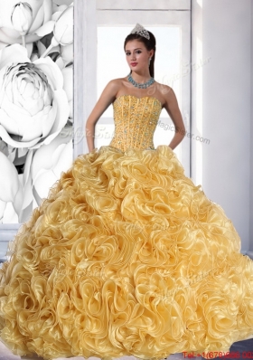 Fashionable Strapless Gold 2015 Quinceanera Dress with Beading and Rolling Flowers