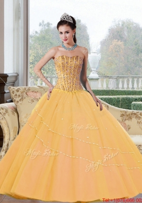 Inexpensive Beading Strapless 2015 Quinceanera Dresses in Gold