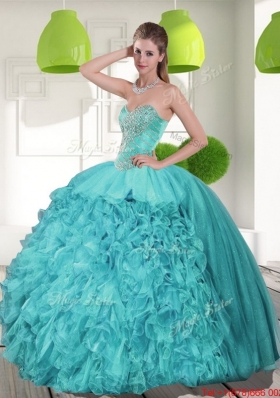 Most Popular Beading and Ruffles Strapless Aqua Blue Quinceanera Dresses for 2015