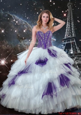 2015 Winter Perfect Sweetheart Beaded Quinceanera Dresses in White and Purple