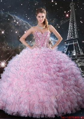 2016 Fall New Style Pink Sweetheart Quinceanera Dresses with Beading and Ruffles