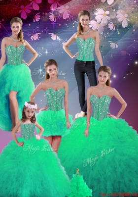 2016 Spring Pretty Sweetheart Beaded and Ruffles Detachable Quinceanera Dresses in Green