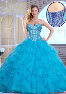 Exquisite Aqua Blue Sweet 16 Gowns with Beading and Ruffles