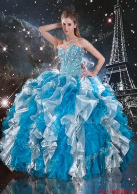 Luxurious 2016 Winter Beaded White and Blue Quinceanera Dresses with Ruffles