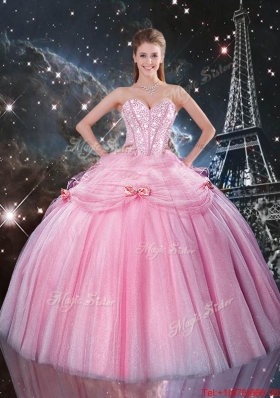 2016 Feminine Rose Pink Sweet 16 Dresses with Beading and Bowknot