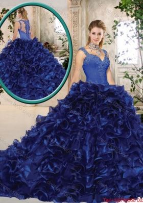 2016 Perfect Straps Brush Train Quinceanera Gowns in Royal Blue