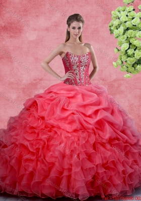 2016 Popular Beaded and Ruffles Quinceanera Gowns in Coral Red