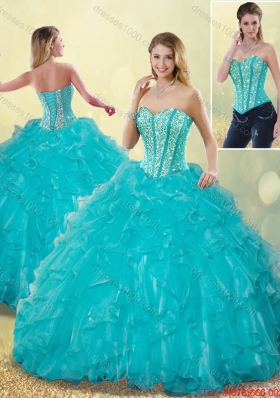 2016 Spring Elegant Aqua Blue Detachable Quinceanera Dresses with Beading and Ruffles
