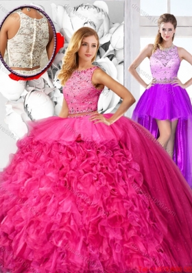 Cheap Hot Pink Detachable Quinceanera Dresses with Scoop