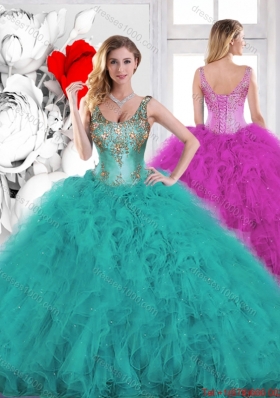 Gorgeous Beading Scoop Teal Sweet 16 Dresses with Ruffles