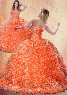 Fashionable Brush Train Orange Quinceanera Dresses with Beading and Ruffles