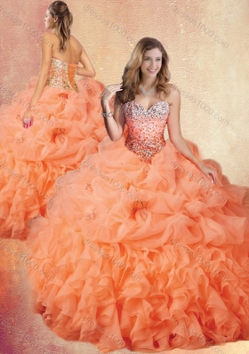 Customized Brush Train Sweet 16 Gowns with Ruffles and Pick Ups