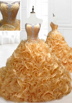 Elegant Sweetheart Rolling Flowers Brush Train Quinceanera Dresses with Beading