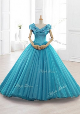 Exquisite Cap Sleeves Teal Quinceanera Gowns with Appliques