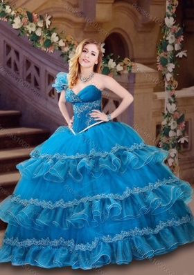 Classical Applique and Ruffled Blue Quinceanera Dress with One Shoulder
