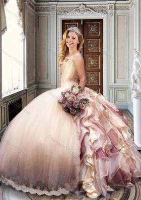 Ball Gown Strapless Champagne Sweet 16 Dress with Appliques and Ruffles