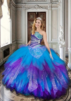 Designer Baby Blue and Purple Sweet 16 Dress with Beading and Ruffles