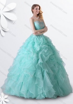 Designer Princess Apple Green Quinceanera Gown with Beading and Ruffles