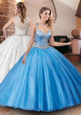 Designer See Through Back Straps Quinceanera Dress with Beaded Bodice