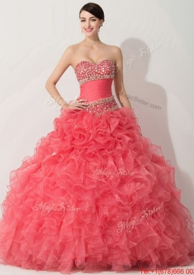 Princess Coral Red Sweet 16 Dress with Beading and Ruffle