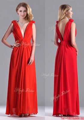 Elegant Deep V Neckline Red Dama Dress with Hand Crafted Flowers