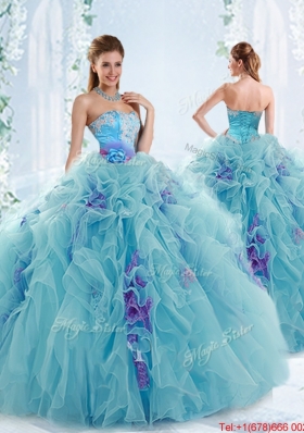 New Style Gorgeous Applique and Ruffled Detachable Quinceanera Dresses in Aqua Blue