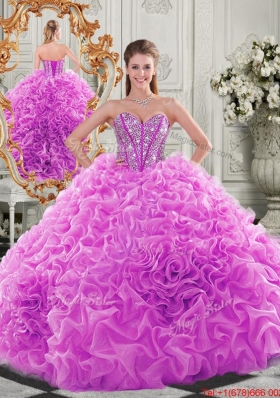 New Style Lovely Puffy Skirt Beaded Bodice and Ruffled Quinceanera Dress in Fuchsia