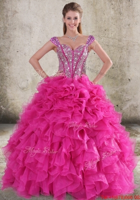 New Style Perfect Ruffled and Beaded Bodice Straps Hot Pink Sweet 16 Quinceanera Dress