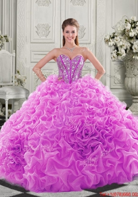Cheap Visible Boning Beaded Bodice Fuchsia Detachable Quinceanera Gown with Ruffles