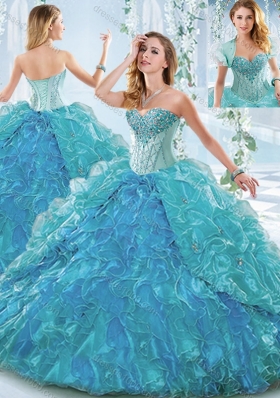 Beautiful Organza Blue Detachable Quinceanera Dress with Ruffles and Beading