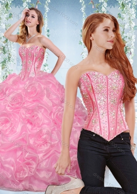 Discount Organza Rose Pink Detachable Quinceanera Gown with Beading and Bubbles