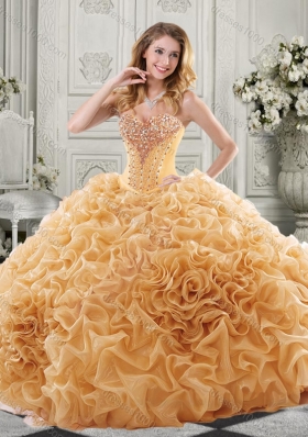 Discount Beaded Bodice and Ruffled Sweet Fifteen Dresses with Chapel Train