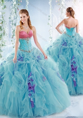 Wonderful Aqua Blue Detachable Sweet Fifteen Dresses with Ruffles and Beading