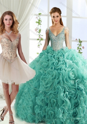 Gorgeous Rolling Flowers Deep V Neck Designer Quinceanera Dresses with Cap Sleeves