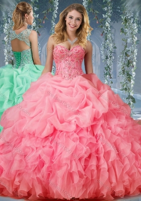 Luxurious Organza Big Puffy Watermelon Designer Quinceanera Dress with Beading and Ruffles