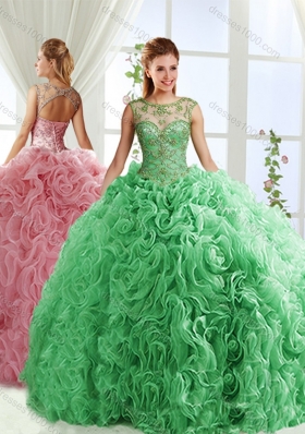 See Through Beaded Scoop Designer Quinceanera Dresses with Rolling Flower