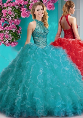 Cheap Halter Top Beaded and Ruffled Designer Quinceanera Dress with Puffy Skirt