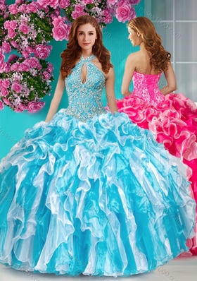 Classical Beaded and Ruffled Halter Top Quinceanera Dress in Baby Blue and White