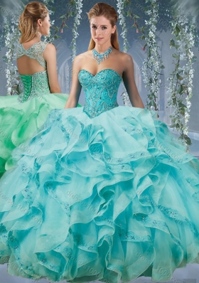Classical Beaded and Applique Big Puffy Quinceanera Dress in Aqua Blue