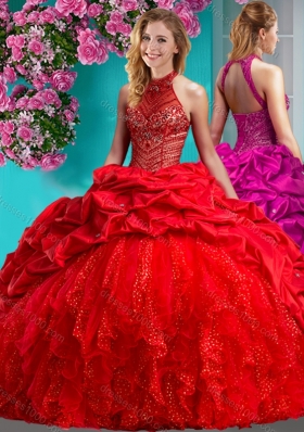 Feminine Halter Top Brush Train Quinceanera Dress with Beading and Ruffles