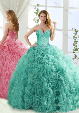 Popular Rolling Flower Mint Detachable Quinceanera Gowns with Brush Train