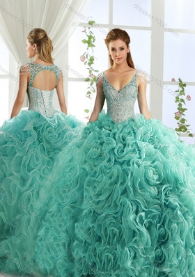 Sexy Deep V Neck Mint Detachable Quinceanera Gowns with Beading and Appliques