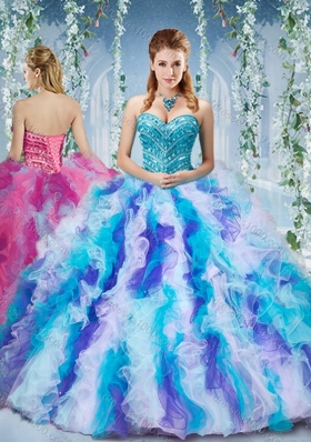Gorgeous Rainbow Colored Big Puffy Sweet Fifteen Dresses with Beading and Ruffles