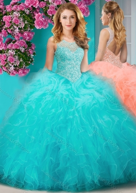 Sophisticated See Through Beaded Scoop Sweet 15 Dress with Ruffles