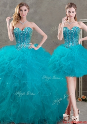 New Arrivals Beaded and Ruffled Teal Detachable Quinceanera Dresses in Organza